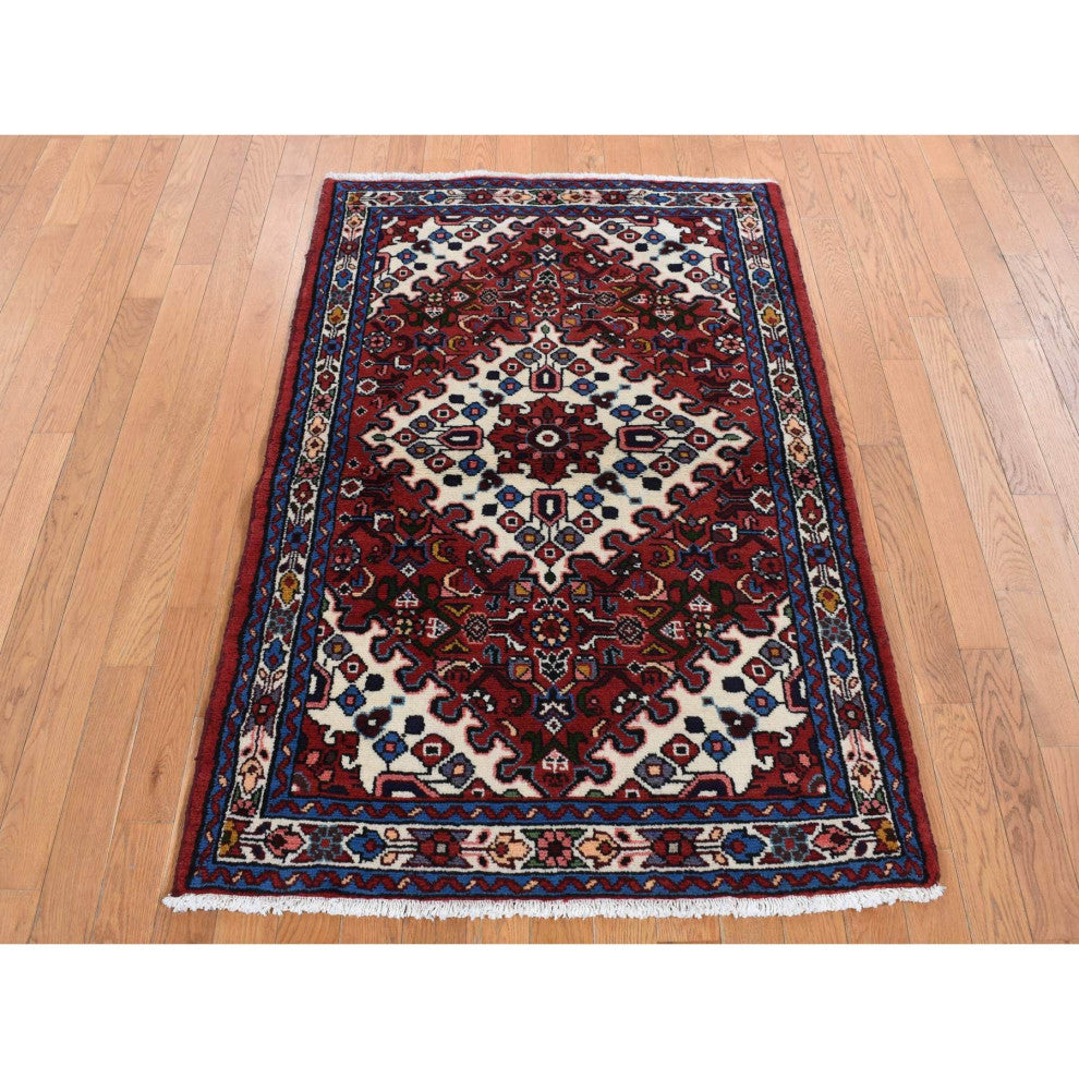 Maroon Red New Persian Hamadan Pure Wool Hand Knotted Oriental Rug 3'5" x 5'1"