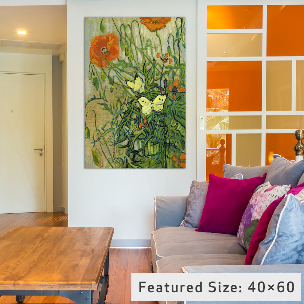 "Butterflies And Poppies" Wrapped Canvas Art Print, 26x18x1.5