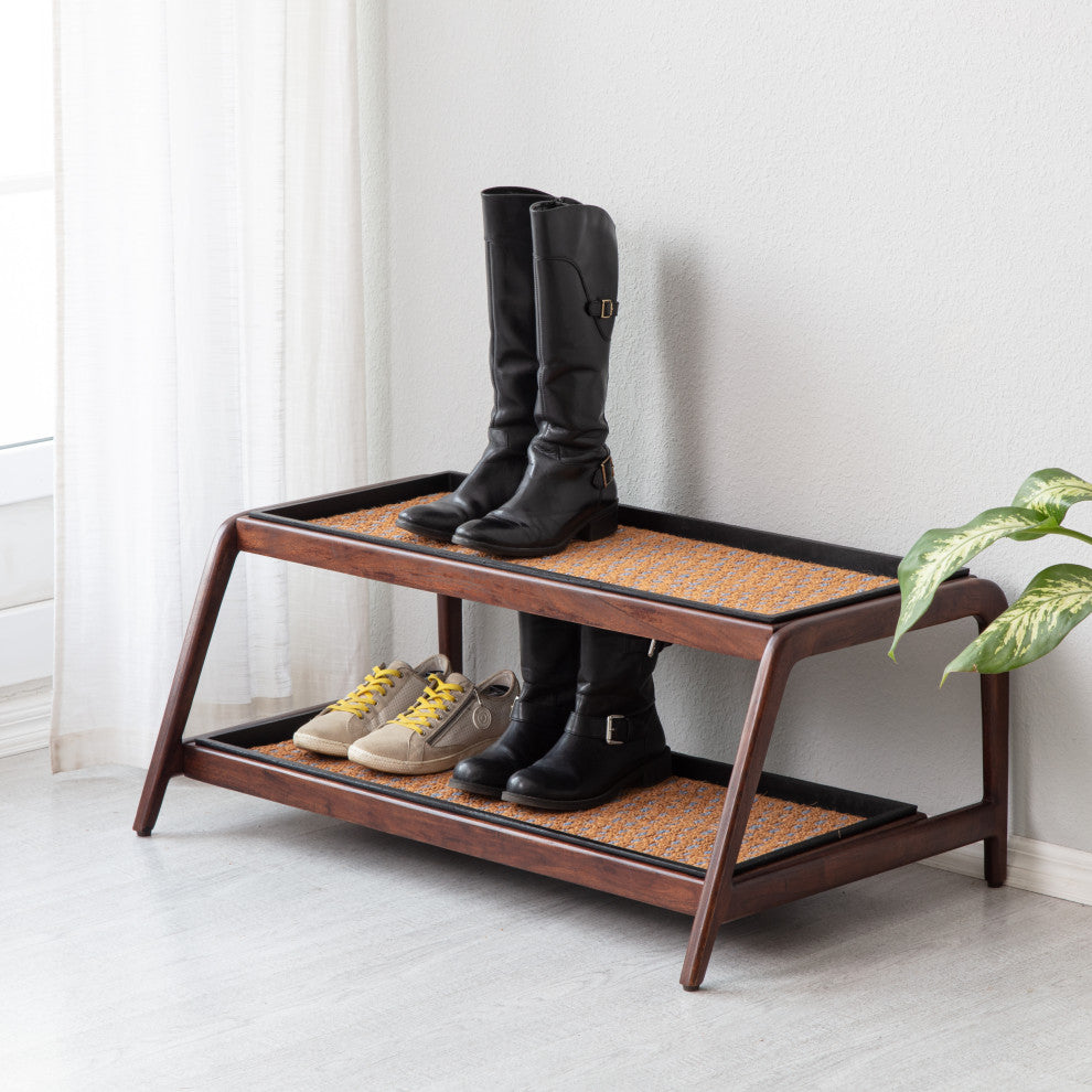Double-Tier Brown Stand With 3-Pair Rubber Boot Trays My Blue Heaven