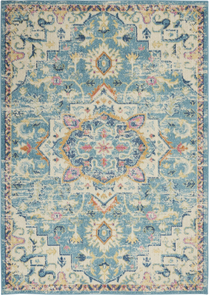 7 x 10 Light Blue and Ivory Distressed Area Rug