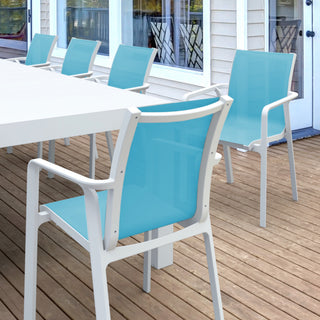 Pacific 11 Piece Dining Set, Extension Table, Arm Chairs White Frame Turquiose