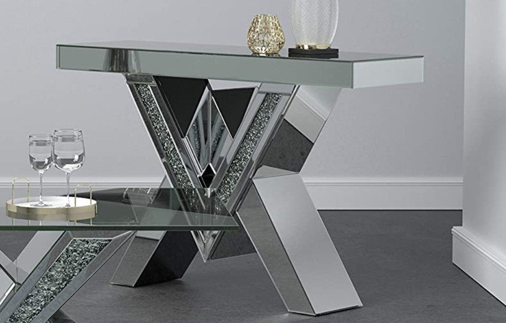 Elegant Console Table, Mirrored Design With V-Shaped Details & Glass Top, Silver