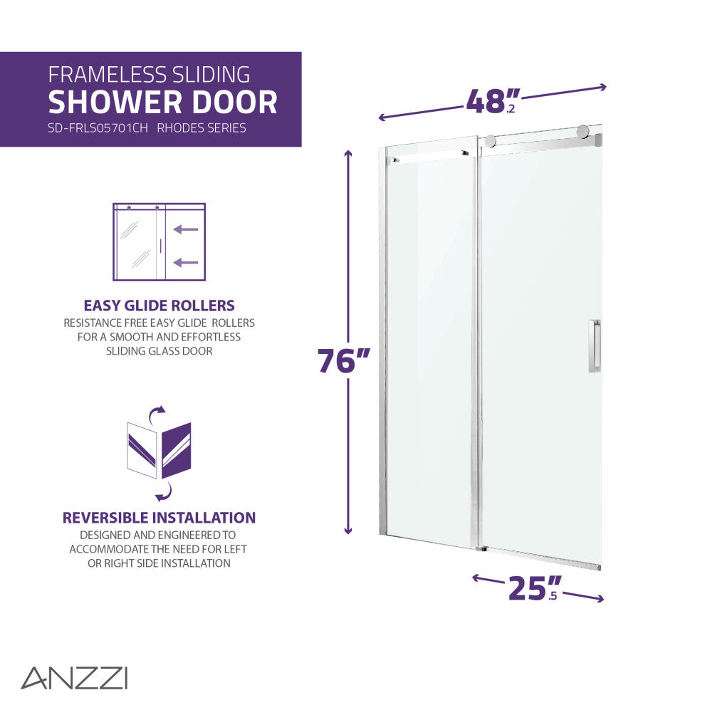 ANZZI Rhodes 76" Frameless Sliding Shower Door, Chrome, 48" W