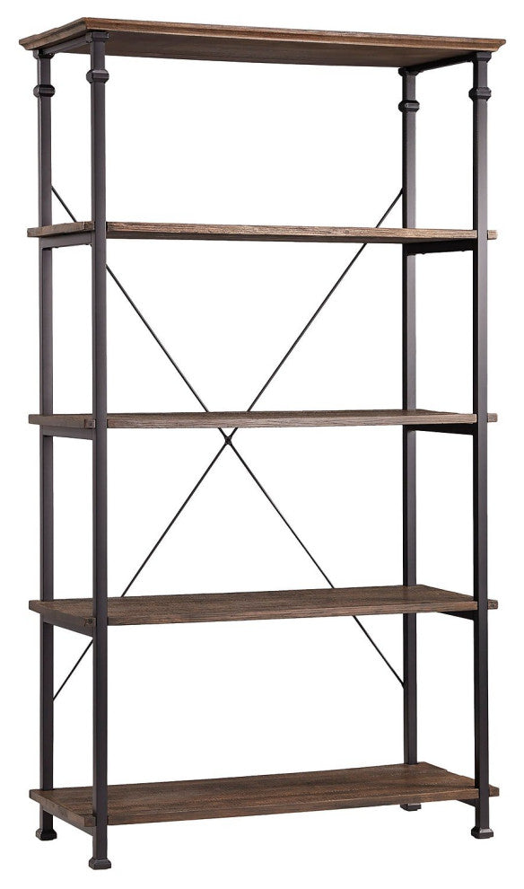 Industrial Bookcase, Metal Frame With Crown Molded Top & X-Support, Dark Brown