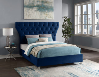 Kira Velvet Upholstered Bed, Navy, Queen