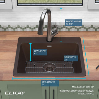 Quartz Classic 25" Single Bowl Drop-in Sink Kit With Filtered Faucet, Mocha