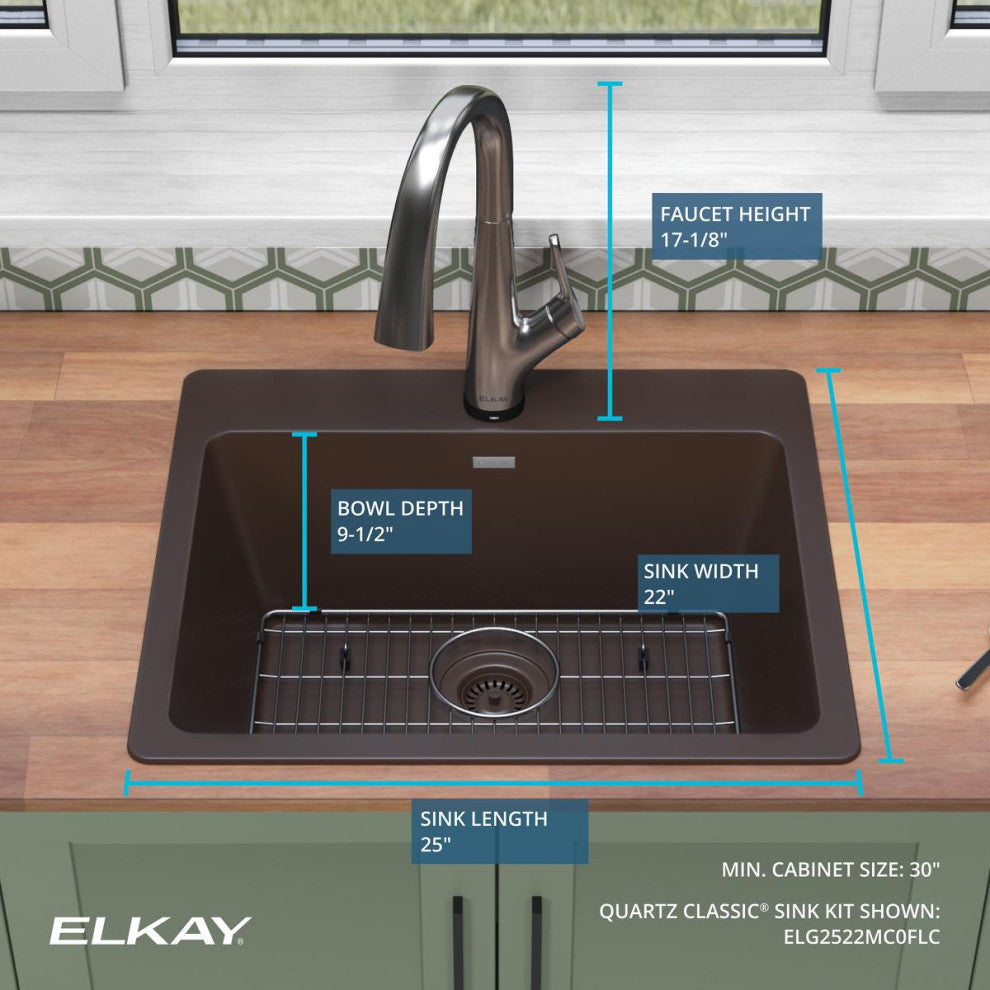 Quartz Classic 25" Single Bowl Drop-in Sink Kit With Filtered Faucet, Mocha