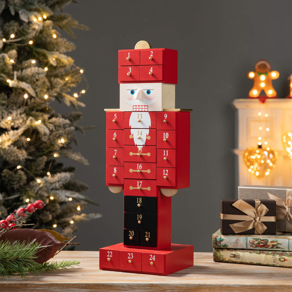 17.25"H Wooden Christmas Nutcracker Countdown Calendar Decor With Drawer