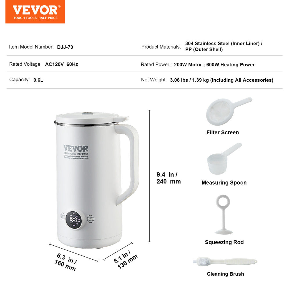 VEVOR Nut Milk Maker 8-in-1 Soy Milk Maker 8-Leaf Blades 600ML 2-18 Hours Timer