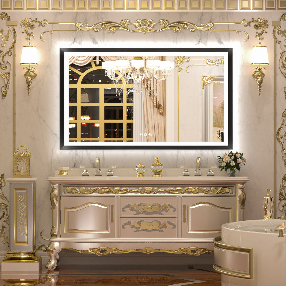 LED Vanity Mirror With Lights Metal Framed Front & Backlit, Dimmable, Black, 55x36