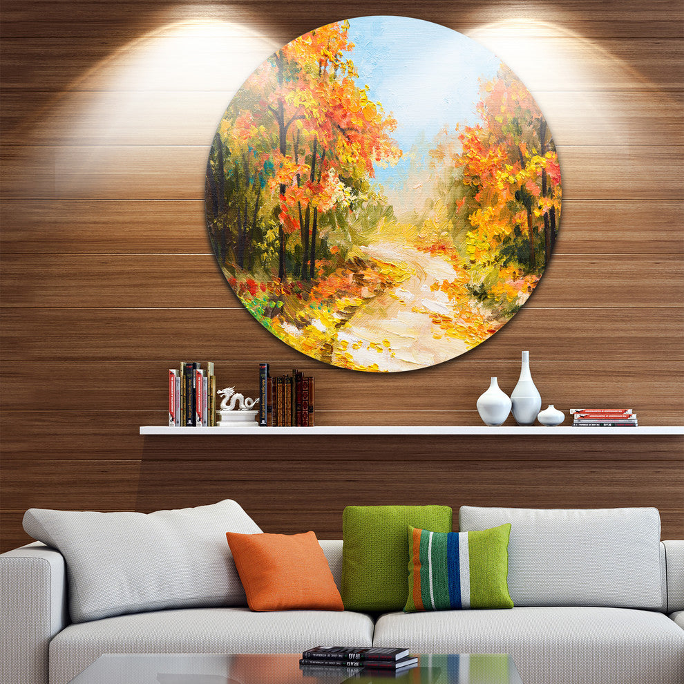 Path In Autumn Forest, Landscape Round Metal Wall Art, 11"