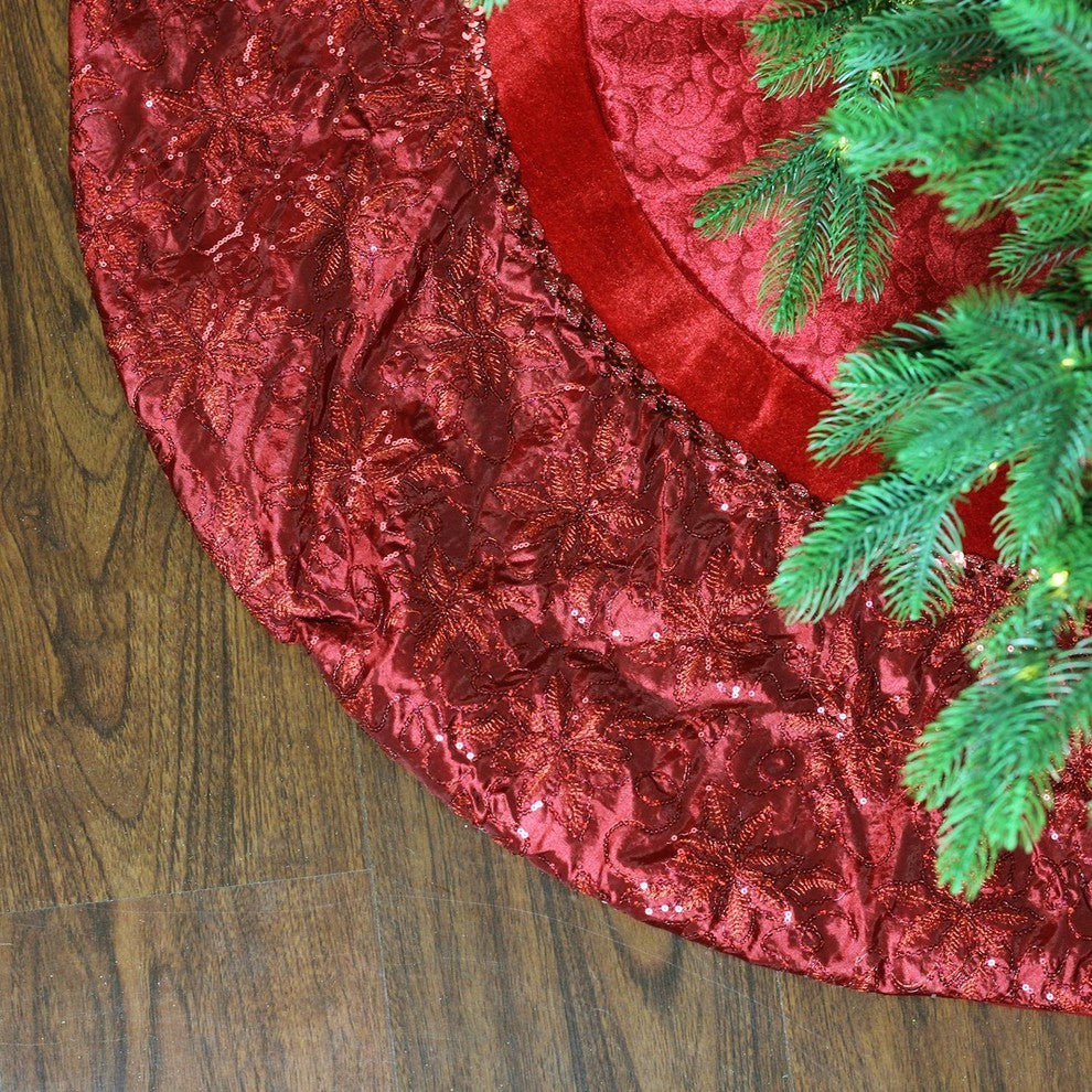 60" Embroidered Poinsettia Trimmed Christmas Tree Skirt