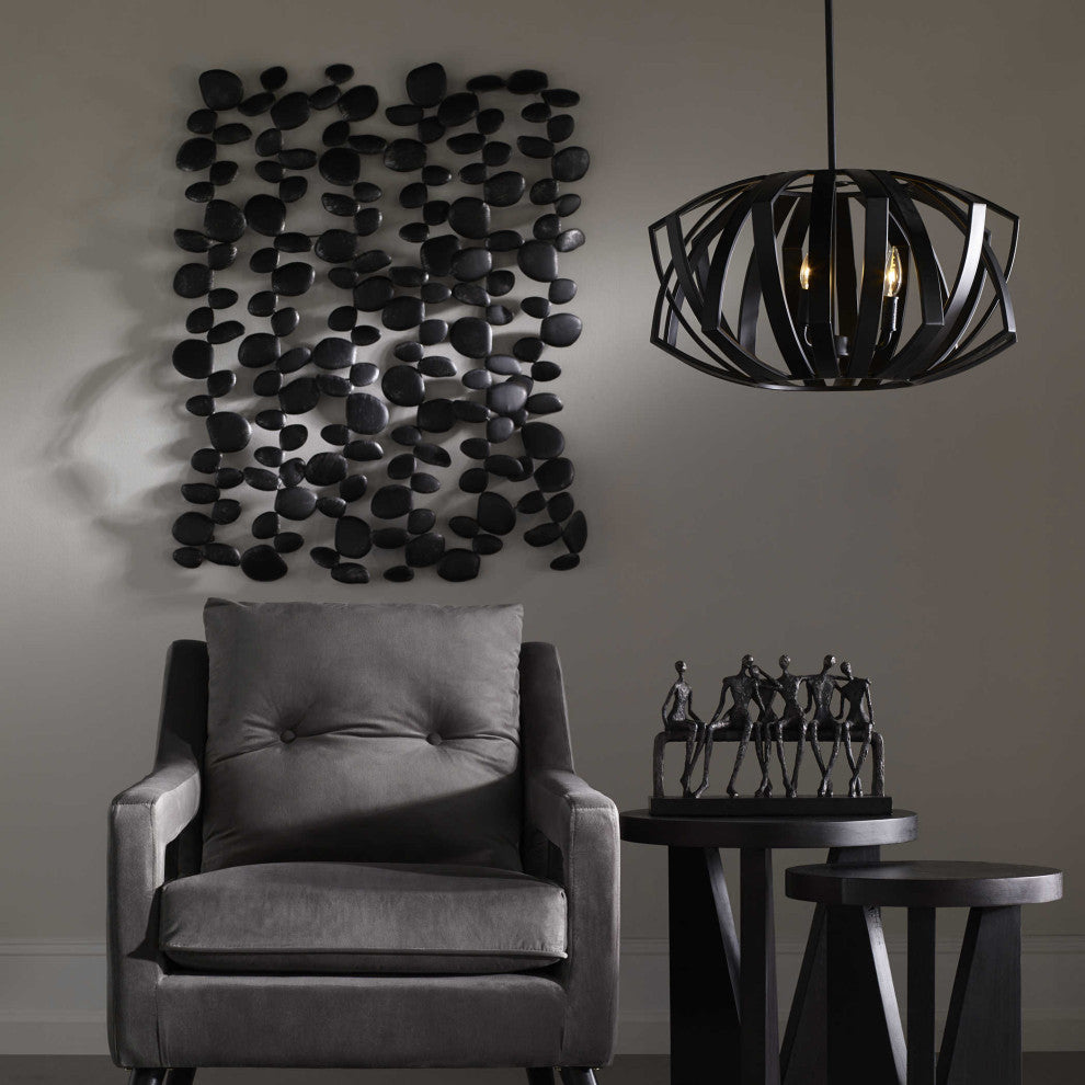 Abstract Iron Open Wall Art Panel, River Stones Charcoal Black Skipping Rocks