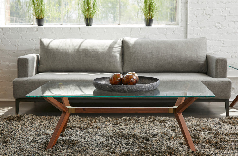 Mid-Century Modern Glass Coffee Table, Walnut Stain