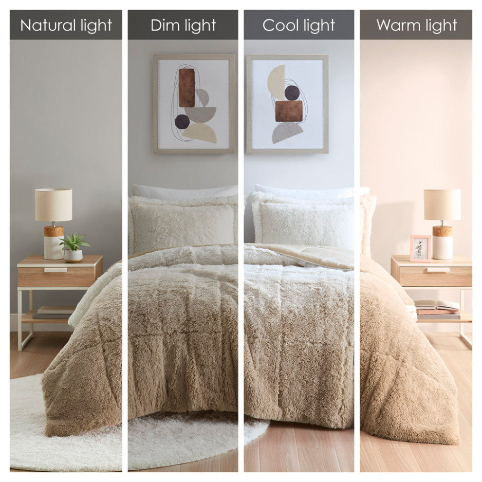 Intelligent Design Brielle Ombre Shaggy Long Fur Comforter Mini Set, Natural