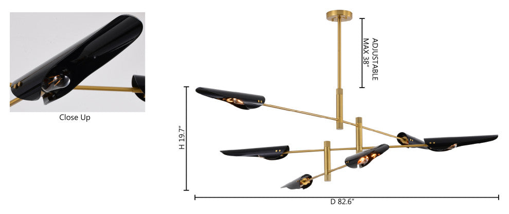 6-Light 82.6" Brass Metal Chandelier With Black Metal Shades