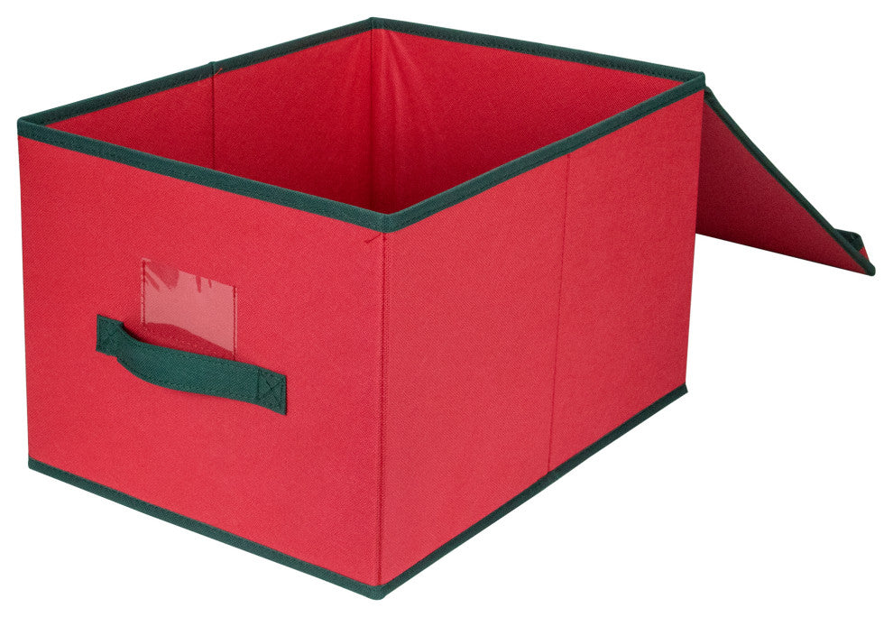 16" Red and Green Collapsible Christmas Decoration Storage Box With Handel