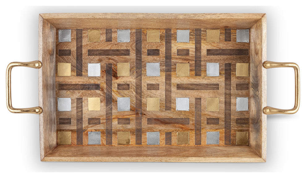 Mango Wood With Laser and Metal Inlay Weave Design Tray, Gold-tone Handles