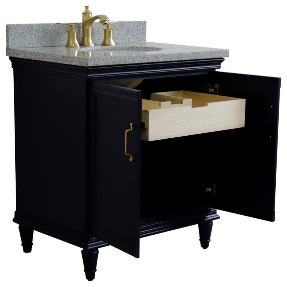 31" Single Vanity, Blue Finish With Gray Granite And Oval Sink