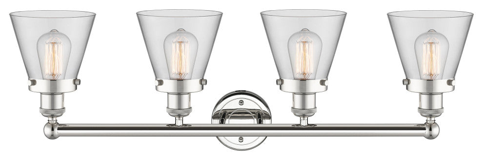 Edison Cone 4-Light 34" Bath Vanity Light, Polished Nickel Finish, Clear Shade