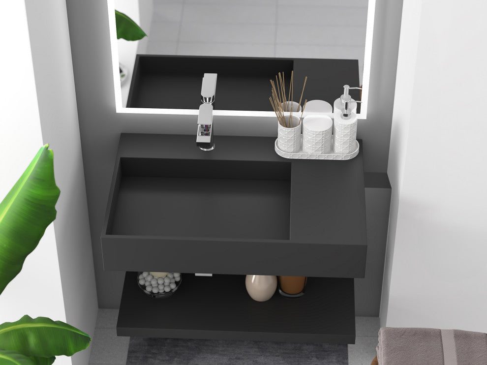 CastelloUSA Juniper Wall Mounted Countertop Concealed Drain Basin Sink, Black, 30", Left Basin, Standard