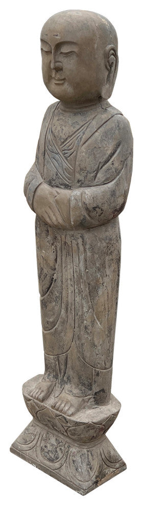 Pair Chinese Stone Carved Standing Zen Garden Monk Lohon Statues Hcs7645