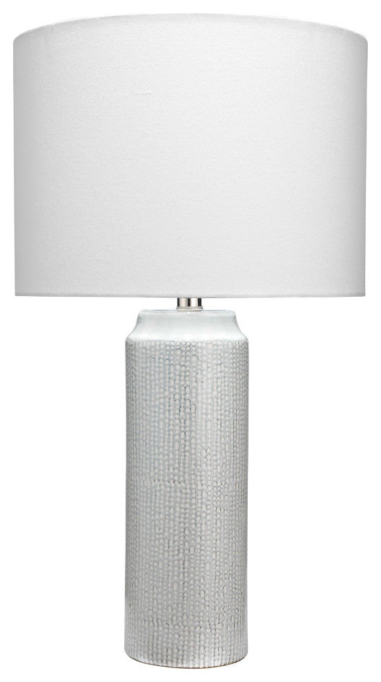Bella Table Lamp, Light Blue Patterned Ceramic With Drum Shade, White Linen