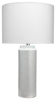 Bella Table Lamp, Light Blue Patterned Ceramic With Drum Shade, White Linen