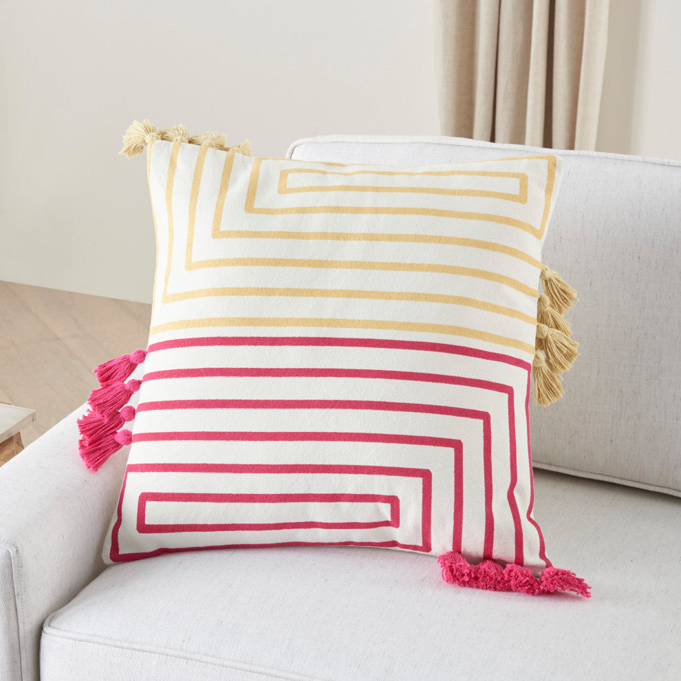 Mina Victory CN029 Throw Pillow, Hot Pink Yellow, 18"X18"