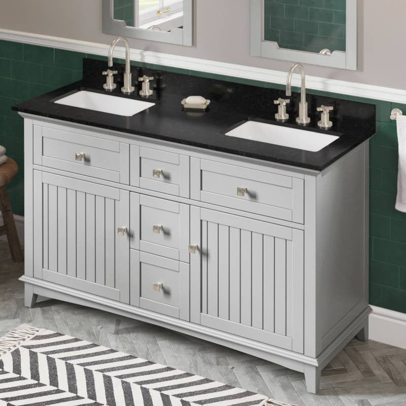 Savino Modern 60" Grey Double Sink Vanity, Black Granite Vanity Top