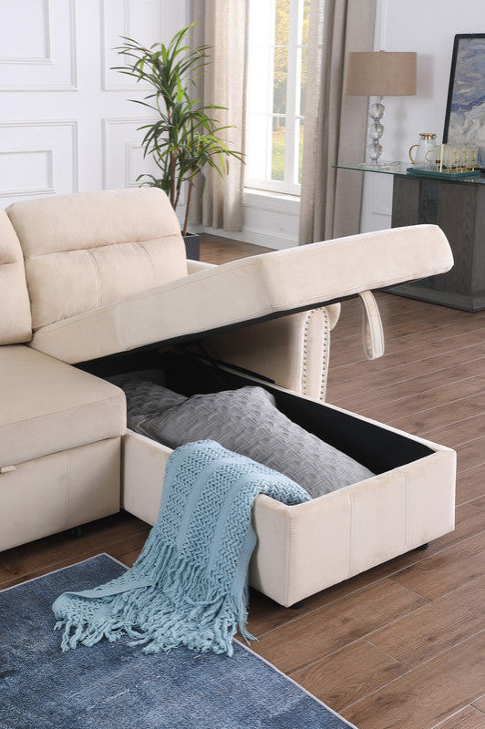 Ashton Velvet Fabric Reversible Sleeper Sectional Sofa Chaise, Beige