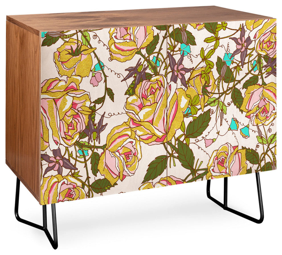 Deny Designs Yellow Beauty Credenza, Walnut, Black Steel legs