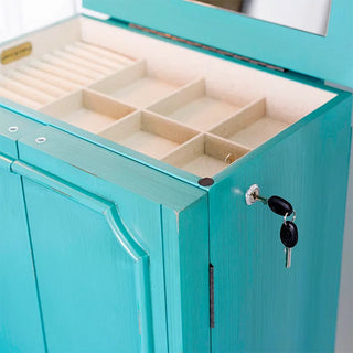 Locking Jewelry Armoire with French Doors Mirror and Seven Storage Drawers, Blue