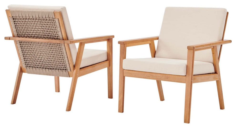 Lounge Chair Armchair, Set of 2, Wood, Brown Natural Beige, Modern, Outdoor