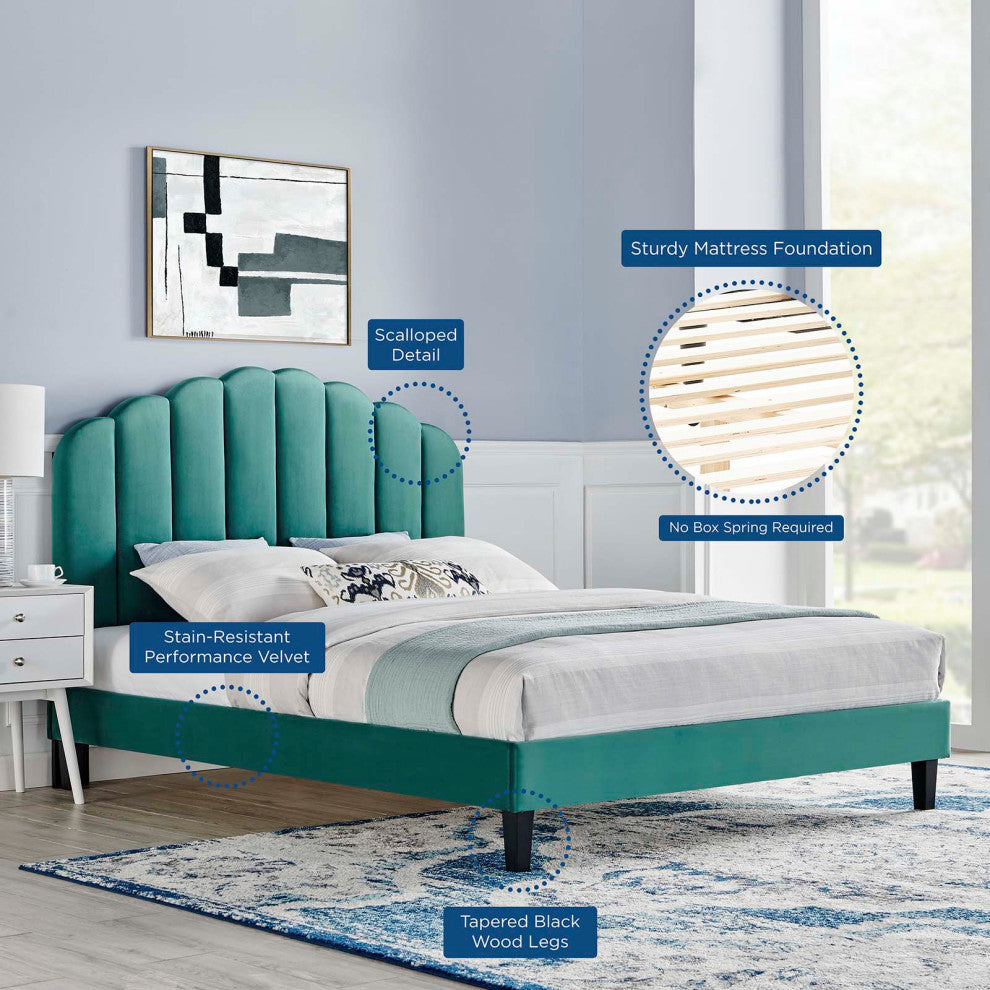 Platform Bed Frame, King Size, Teal Blue, Velvet, Modern, Bedroom Guest Suite