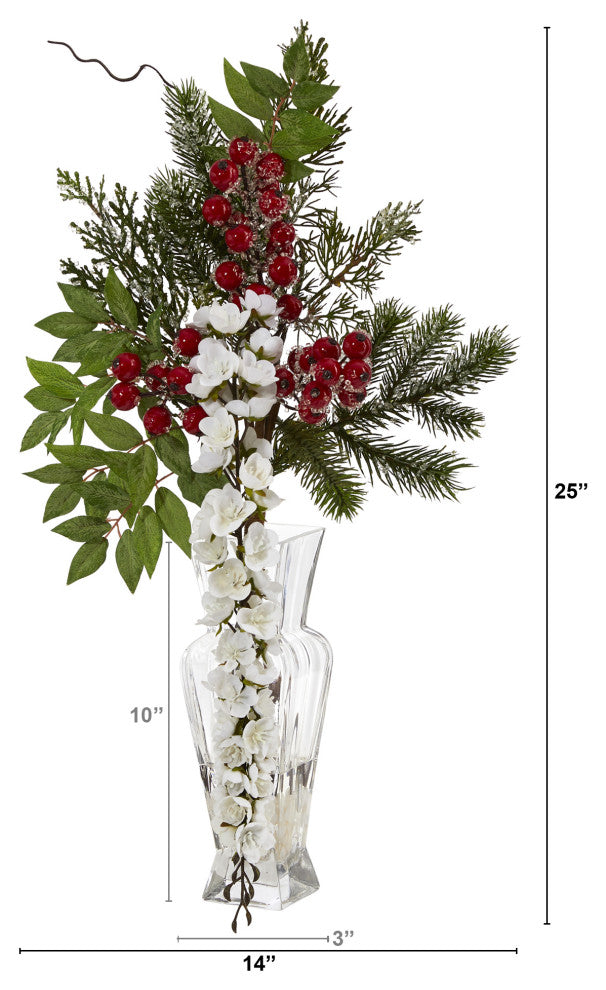 25" Wisteria, Iced Pine and Berries Artificial Arrangement, Glass Vase