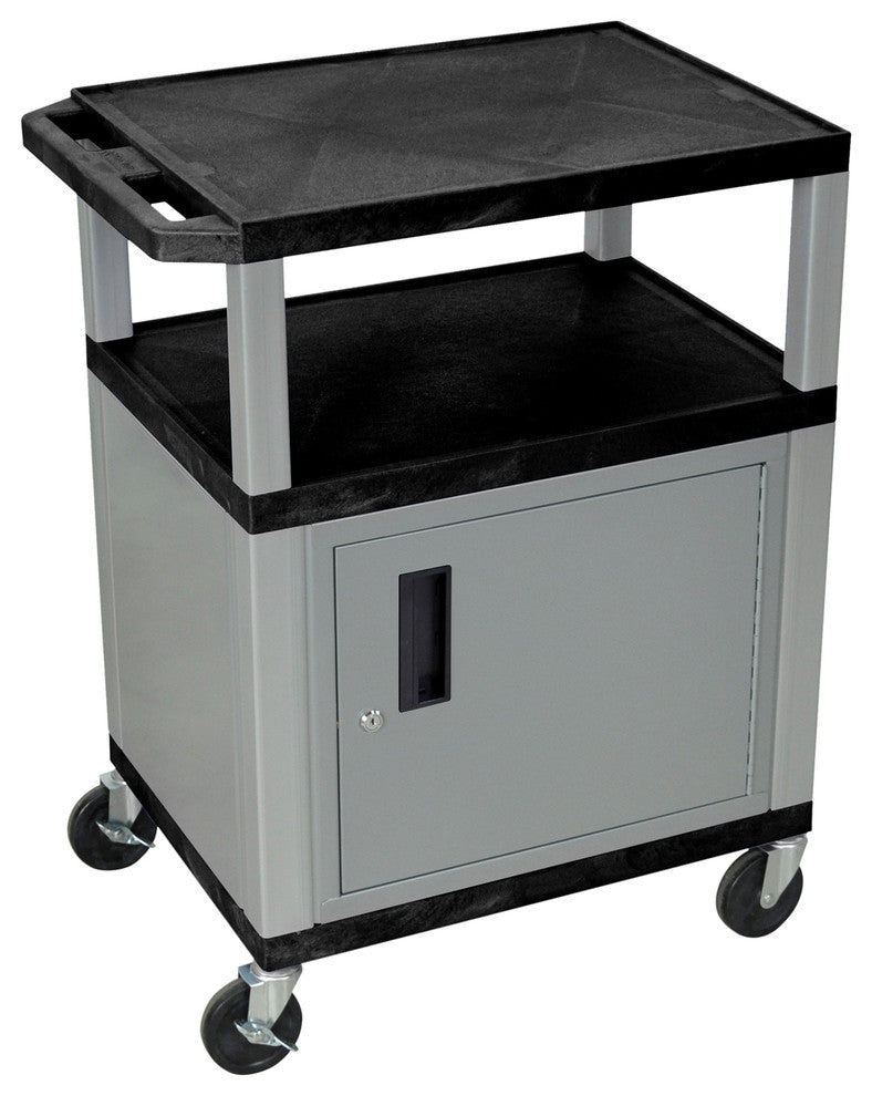 Luxor Tuffy Black 3-Shelf AV Cart With Nickel Legs and Cabinet, 34"