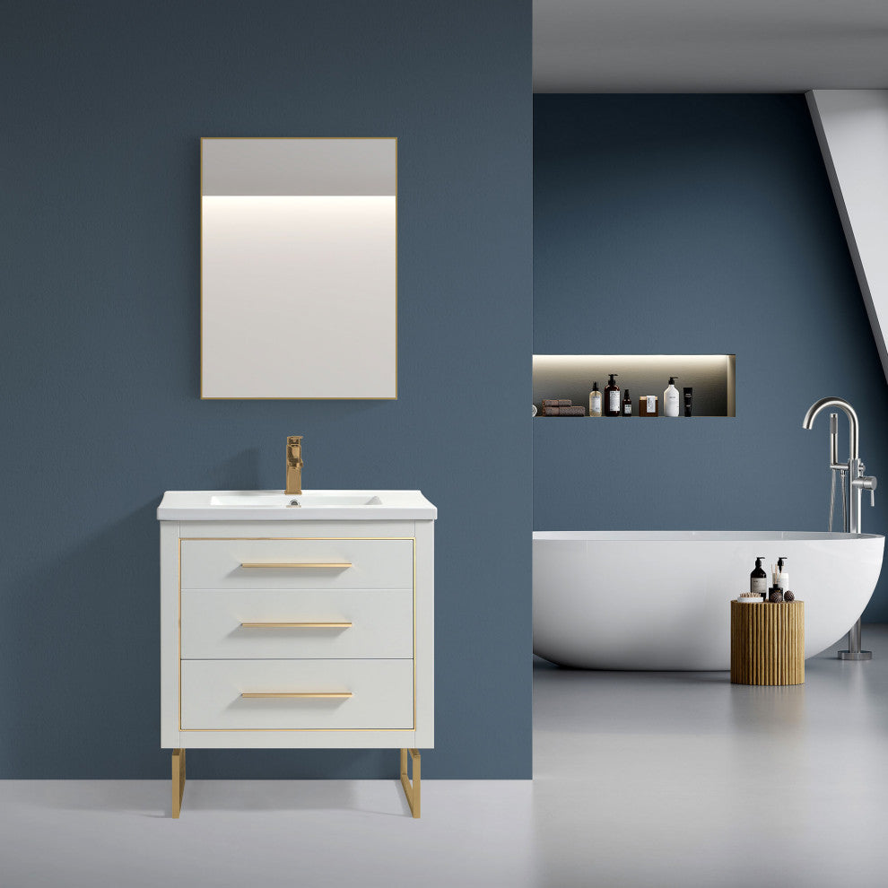 Sherwood 30" Single Vanity Set, White, Brass Trim, Floating Only