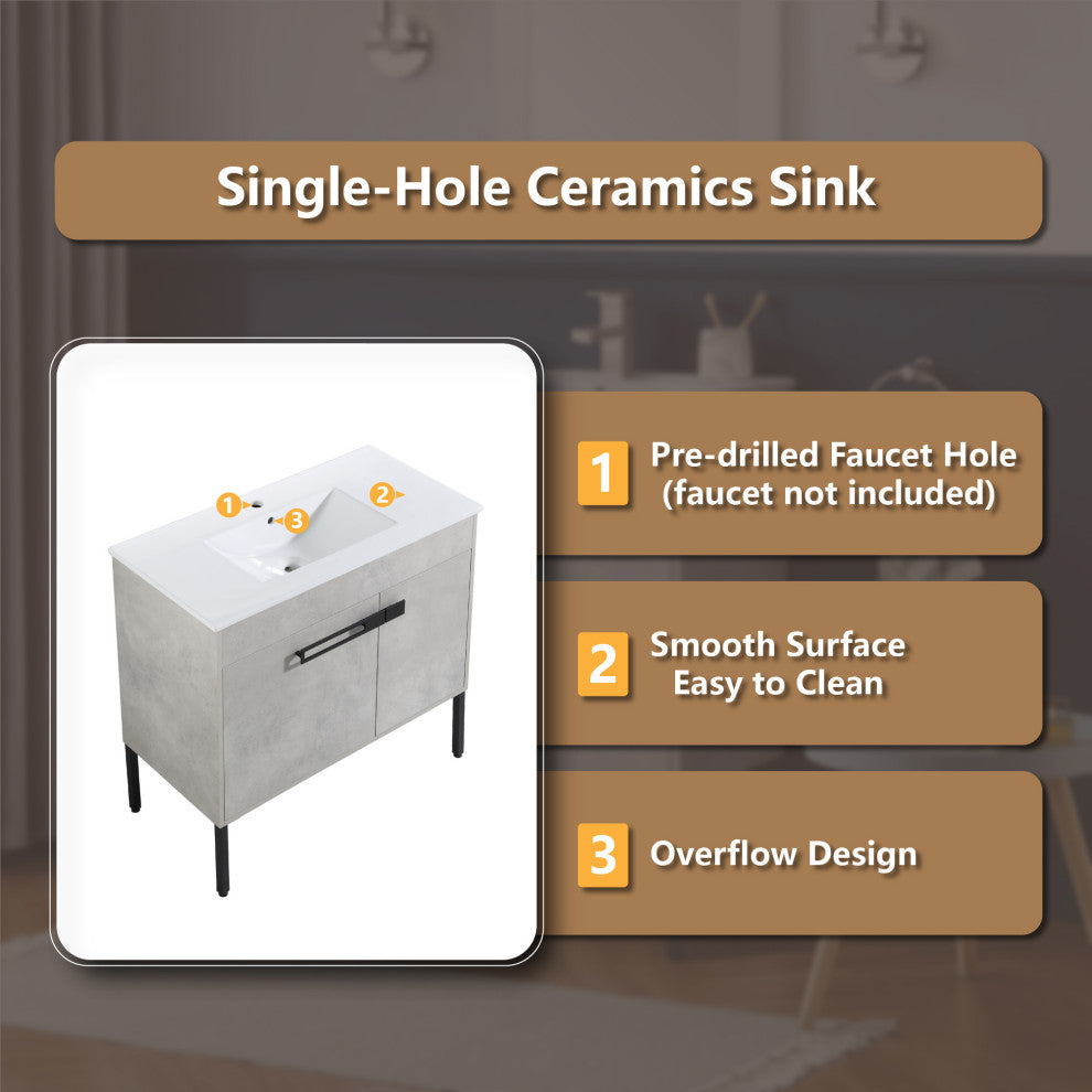 Freestanding/Floating Bathroom Vanity With white Ceramics Top, Grey, 36"