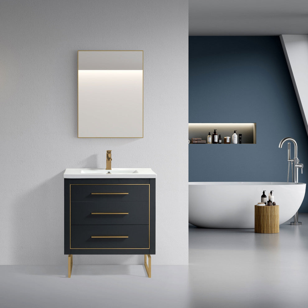 Sherwood 30" Single Vanity Set, Charcoal, Brass Trim, Floating Only