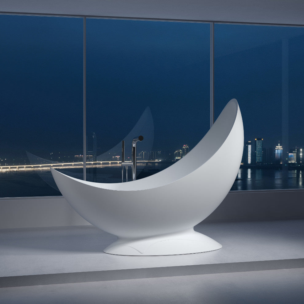 78" Polystone Half Moon Free-Standing Bathtub, Matte White, No Faucet