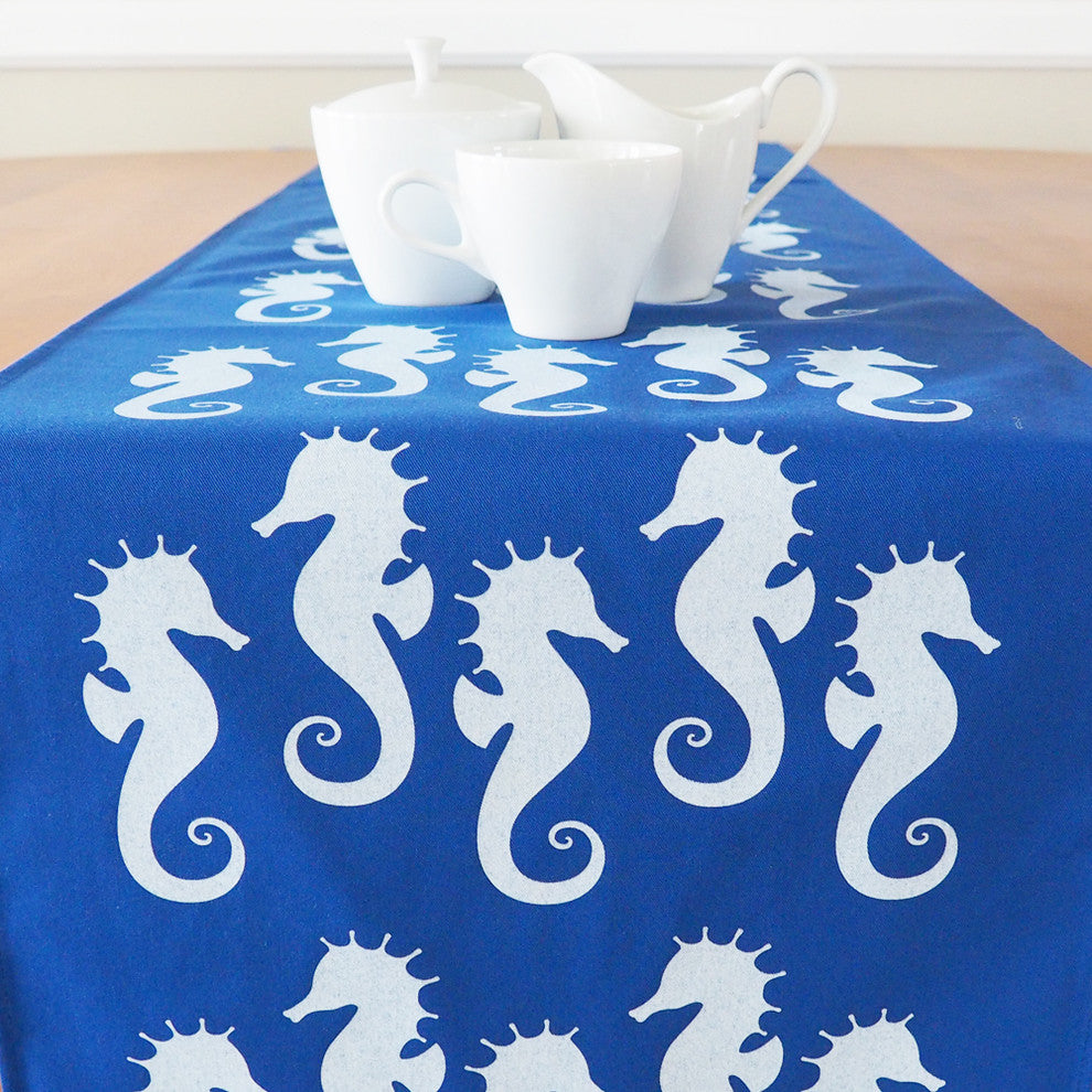 Seahorse Eco Coastal Table Runner, 16"x90", Blue