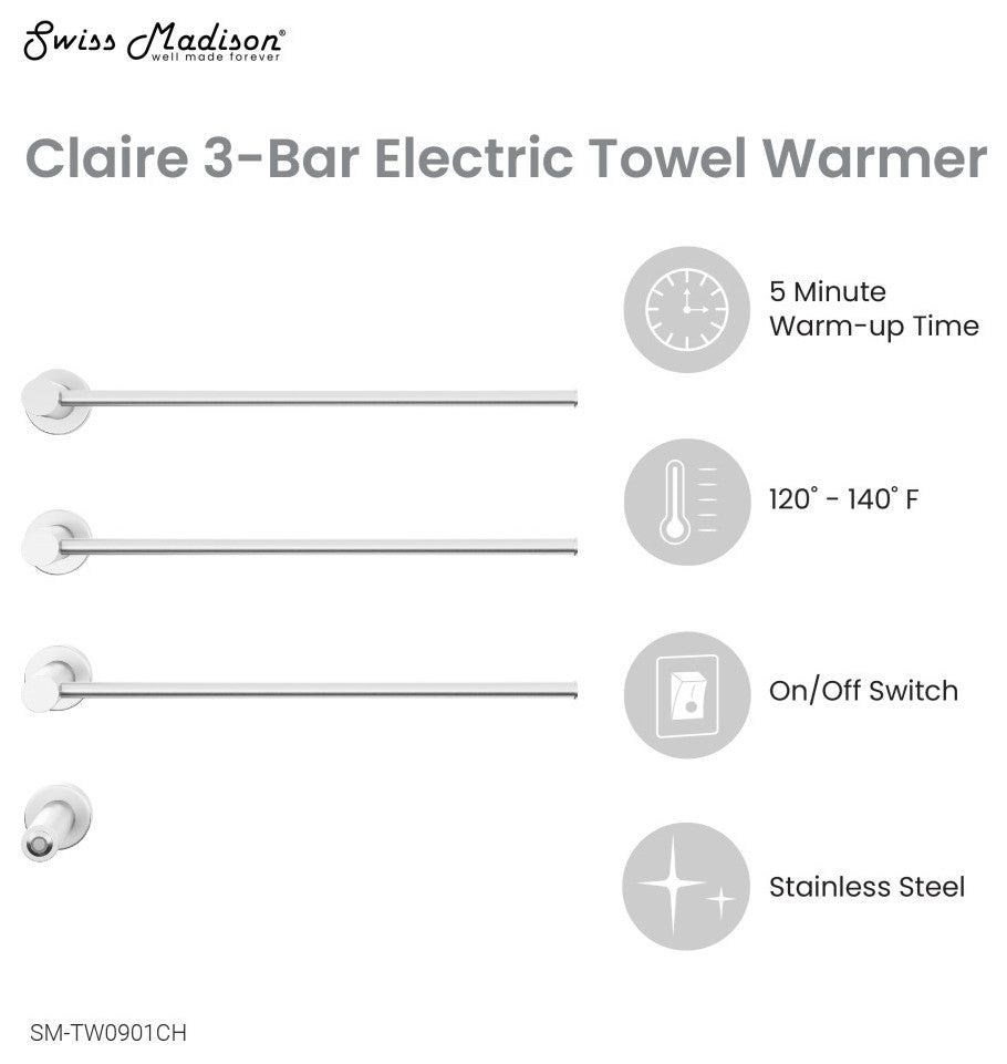 Claire 3-Bar Electric Towel Warmer, Chrome
