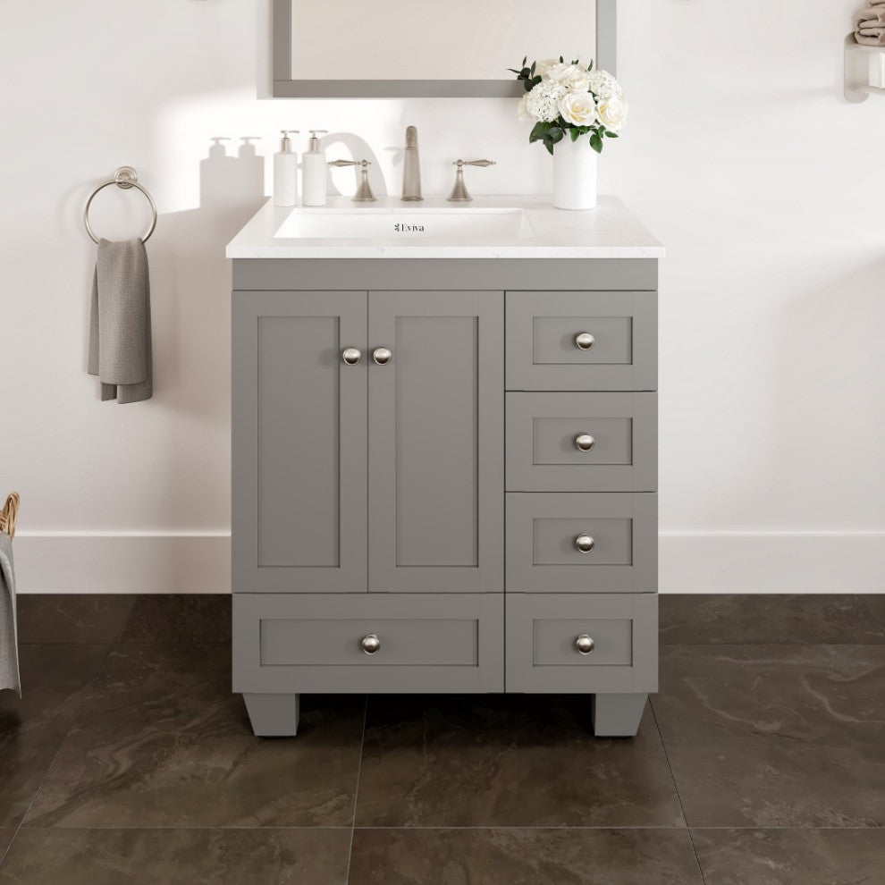 Eviva Acclaim 28" Transitional Bathroom Vanity w/ White Carrara Top, Grey