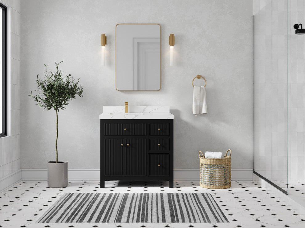 Sonoma 36 Left Offset Reeded  Bath Vanity in Black 2" Calacatta Laza