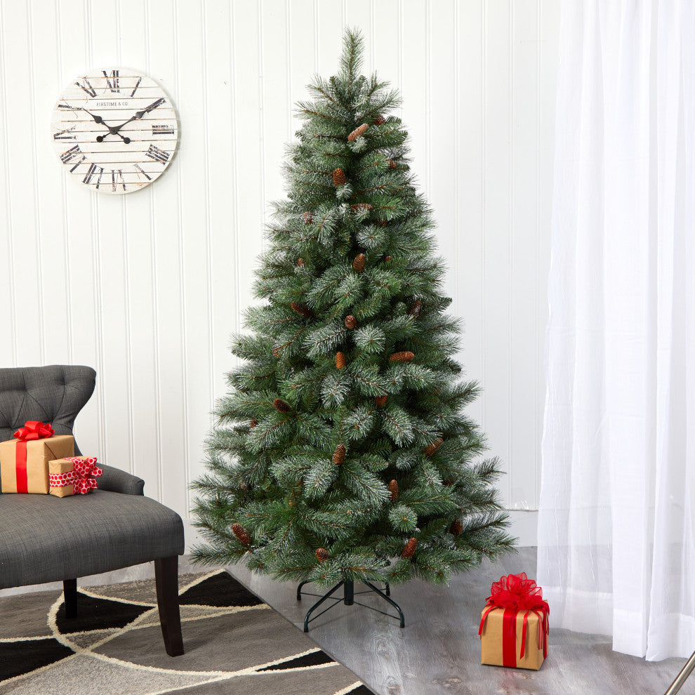 6' Snowed French Mountain Pine Faux Xmas Tree W/Bendable Branches & Pinecones