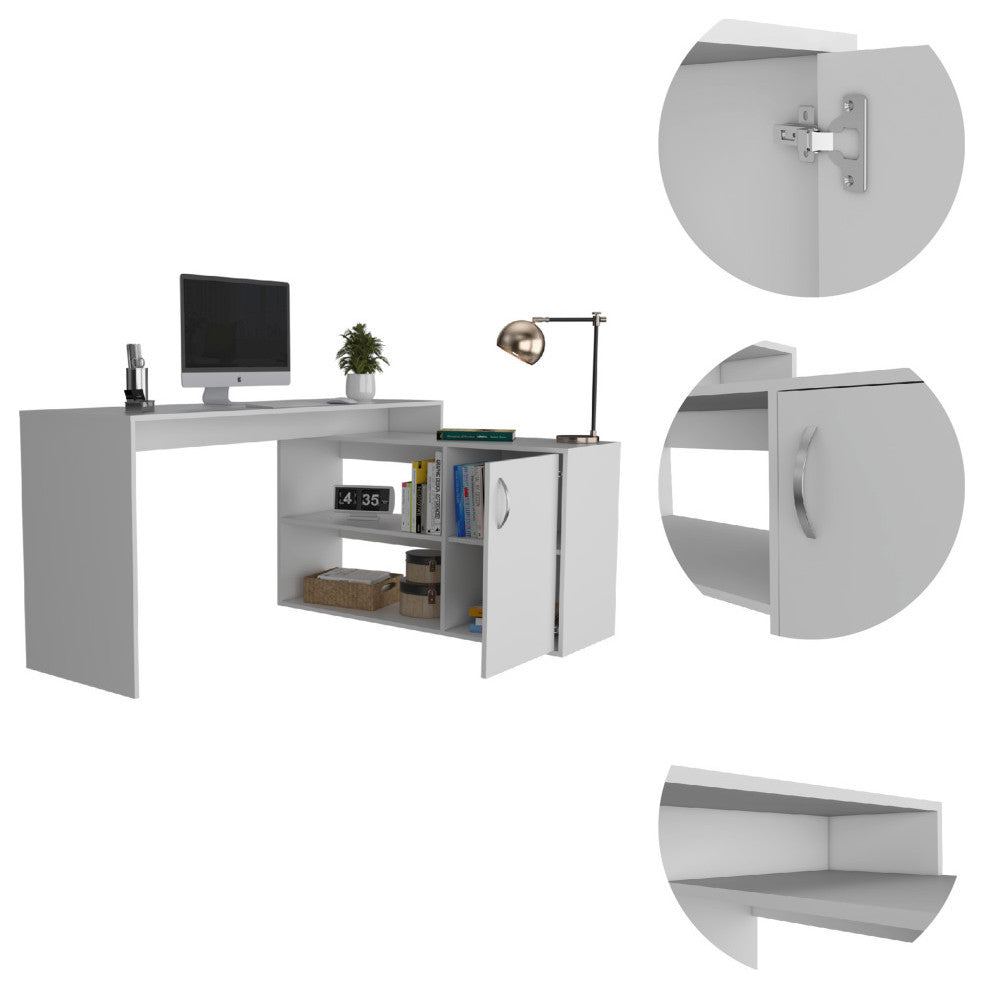 Dallas L-Shaped Home Office Desk with 2 Open Shelves and Cabinet, Light Gray