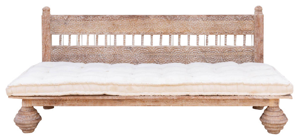 Carved Floral Whitewash Reclaimed Wood Daybed