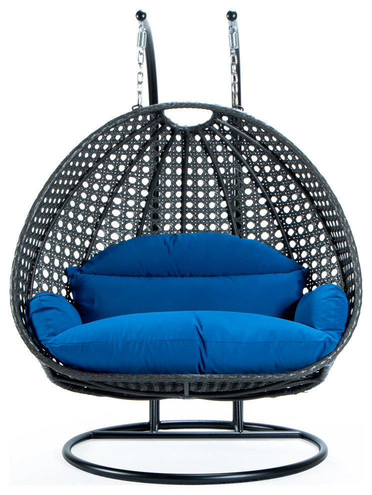 2 Person Charcoal Wicker Double Hanging Egg Swing Chair, Blue