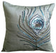 Sequins Peacock Feather Silver Art Silk Pillow Covers 14"x14", Peacock Feather